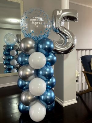 blue silver and white metalic tower balloon