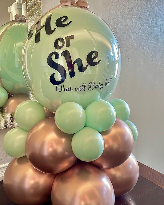 He or She What will Baby be? green balloons